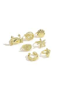 7PCS Ocean Rings, Gold Crab, Starfish, Shell, Conch Shaped Rings, Beach Vacation Style Stackable Ring Set For Women - Gold - View 6