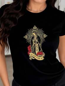 Fashionable Sacred Image Of The Virgin Mary Surrounded By Golden Rays And Red Roses, A Symbol Of Faith, Gratitude, And Hope. Women's T-Shirt, 100% Soft And Comfortable Cotton. - 黑色 - 查看 1
