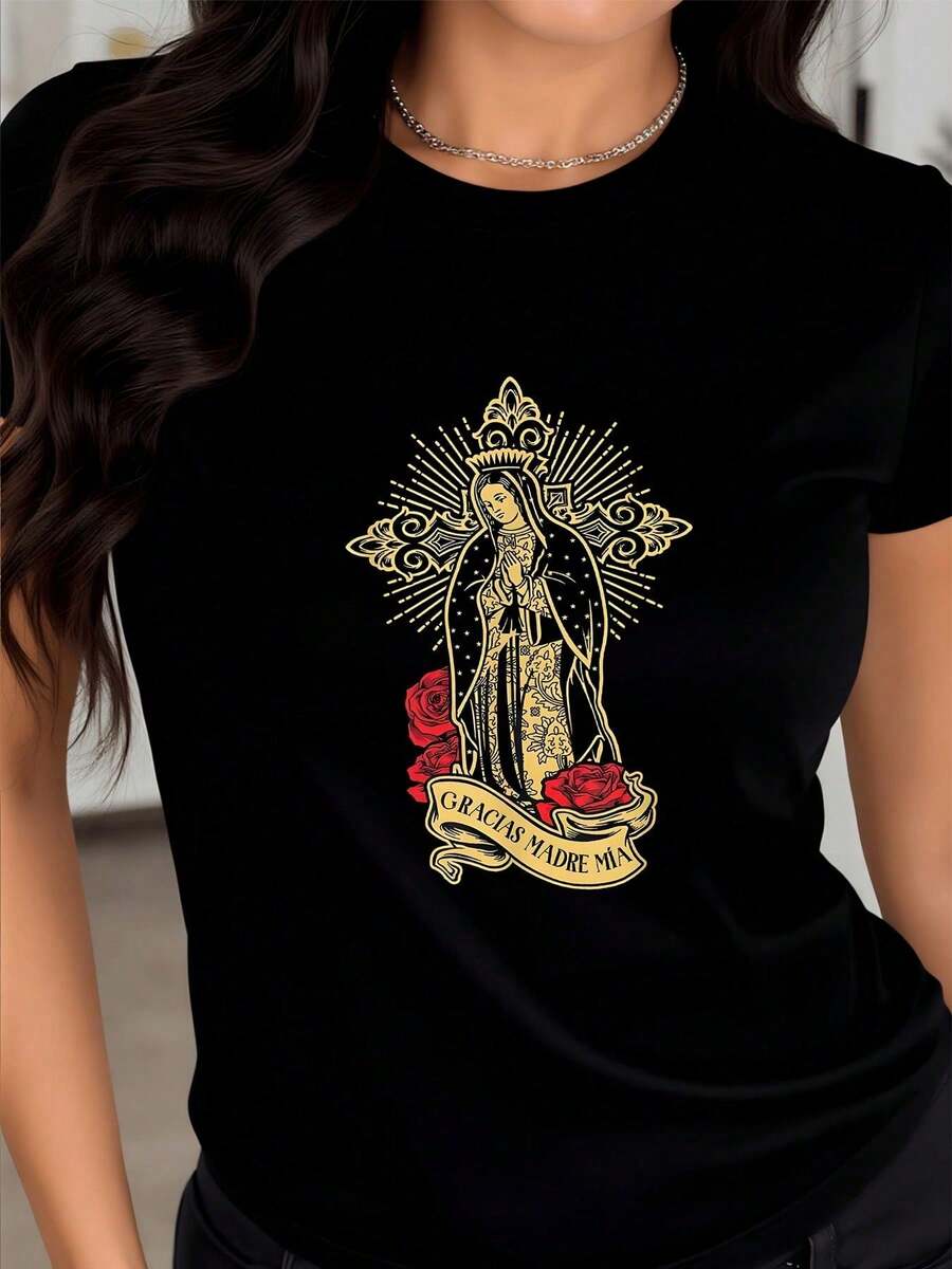 Fashionable Sacred Image Of The Virgin Mary Surrounded By Golden Rays And Red Roses, A Symbol Of Faith, Gratitude, And Hope. Women's T-Shirt, 100% Soft And Comfortable Cotton. - 黑色 - 查看 1