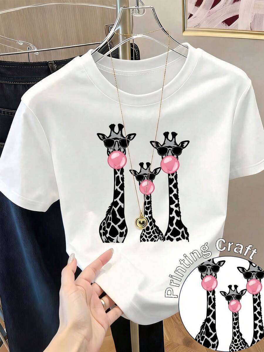 Women's Short-Sleeved Printed T-Shirt, Spring Clothing, Holiday Outfit, Black For Summer, Beach Look, Vacation, Country Style, Women's Office Outfit. - 白色 - 查看 1