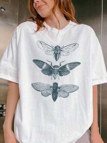 1 Piece Of Vintage Peach Print T-Shirt, Women's Summer T-Shirt, Cute, Short Sleeve, Fruit T-Shirt, Aesthetic Tops, 180g, 100% Cotton. - 白色 9 - 查看 1