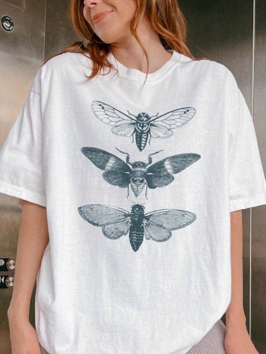 1 Piece Of Vintage Peach Print T-Shirt, Women's Summer T-Shirt, Cute, Short Sleeve, Fruit T-Shirt, Aesthetic Tops, 180g, 100% Cotton. - 白色 9 - 查看 1