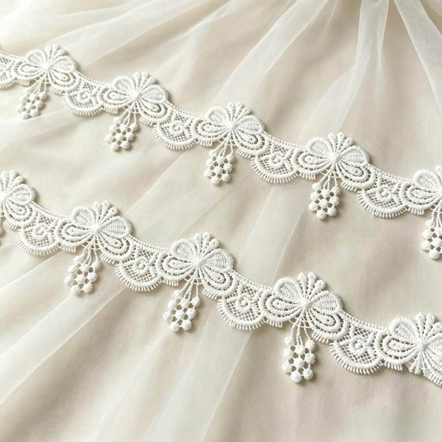 2碼白色蝴蝶結流蘇刺繡蕾絲,適用於衣物、頭飾、包包、窗簾、枕頭、桌巾,蕾絲材質 - 多色 - 查看 1
