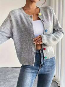Cardigan Wanita Ukuran Plus Warna Polos Kancing Tunggal Kasual Serbaguna untuk Sehari-hari Lengan Panjang - Light Grey - View 5