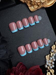 10片短方型手工穿戴式假指甲，極簡時尚裸色與藍色法式美甲套組，光滑亮面壓克力假指甲組，適合女性日常佩戴 - 彩色 - 查看 3