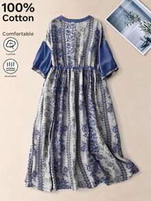 Đầm casual in hoa cổ chữ V thắt eo có túi, đầm công sở thanh lịch thời trang, đầm dự tiệc in hoa đa năng, đầm boho đi nghỉ mát với thiết kế cổ áo phối hợp mùa hè - Bụi tím - Xem 2