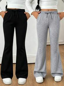 2pcs Girls' Casual Knit Jogger Pants Set - Multicolor - View 1