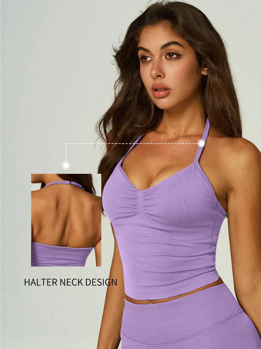 UONNOU Women's Light Purple Halter V-Neck Ruched Sports Tank Top With Padded Support, Yoga Fitness Casual Sports Outfit Summer - Purple - View 1