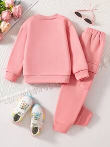 Young Girl Letter Print Crew Neck Sweatshirt And Sweatpants - Pink - View 2
