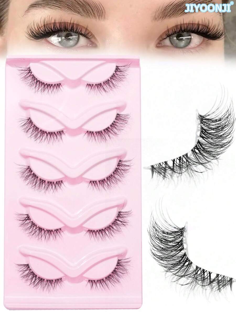 5 Pairs Natural Long Wispy Fishtail Criss-Cross Transparent Band False Eyelashes, Elongated Eye Tail - Black - View 1