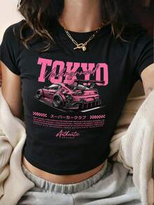 女款圓領短袖T恤，夏季新款賽車圖案與字母印花時尚修身短版上衣，適合日常休閒穿著，黑色，Y2K風格 - 黑色 - 查看 2