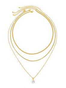 1 Set 3pcs French Minimalist Luxury Stainless Steel Gold Pendant Necklace Set, Suitable For Women's Daily Commute, Party, Gathering, Versatile Layering Accessory - Gold - View 8