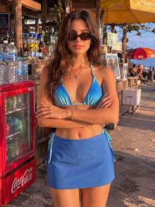 女款藍色漸層掛脖比基尼三件套，附海星吊飾與綁帶側裙，適合海灘度假與泳池派對 - 彩色 - 查看 3