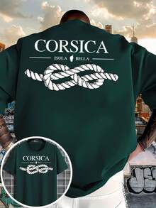 New 2026 Men's T-Shirt, Solid Color And Simple Design, With Regular Shoulder Design, And A Knot Pattern Printed On The Front And Back That Says CORSICA And ISULA - 黑色 - 查看 6