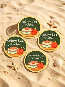 1/6/12pcs Welcome Back To School Wooden Drink Coasters, Cute Apple & Book Print Round Coasters, Non-Slip Wooden Coasters, Suitable For Teachers, Students, Classroom, Home Office Decor, Car Interior Accessories, Car Cup Holders, Desk Decor, Teacher's Day Gift - Multicolor - View 3