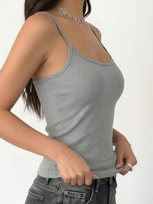 1pc BASICS Women's Casual Minimalist U-Neck Ribbed Tank Top, Fitted Sleeveless Solid Color Top, Comfortable All Day - Grey - View 4