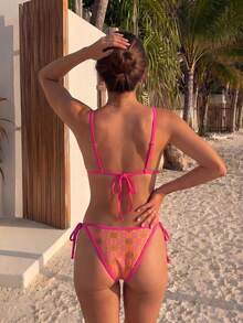 Retro Geometric Print Contrast Hot Pink Trim Triangle Bikini Metal Ring Front Side Tie High Cut Beach Two Pieces Swimwear - Multicolor - View 5