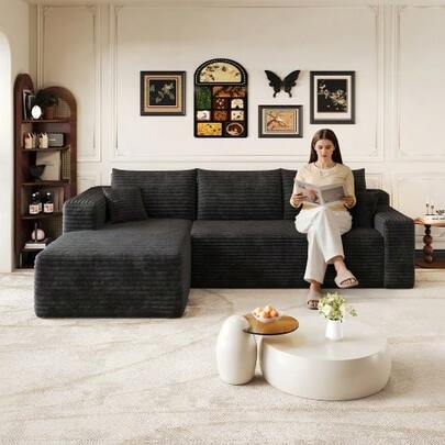 241cm Wolkenmotiv-Sofa, Modern Minimalist Bekleidete Couchen, Comfortable L-Förmiger Sofa Für Den Wohnraum, Tiefer Sitz Mit Ecke, Ohne Erforderlich Assembly, Schwarz