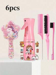1/3/4/5/6/7件組美髮造型工具，含美髮噴霧瓶、鼠尾梳、髮緣修飾刷與貼紙，適合女孩子的開學禮物 - 粉色 - 查看 14