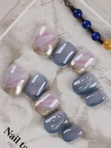 10pcs Press On Nails White Golden French Style Blue Cat Eyes Nails Press On Nail Supplies Press On Short Nails Fake Nails Office Daily Wear False Nails Artificial Nails Kit Includes 1 Sheet Adhesive Tabs &1 Pc Mini File Handmade Press On Nails - Multicolor - View 2