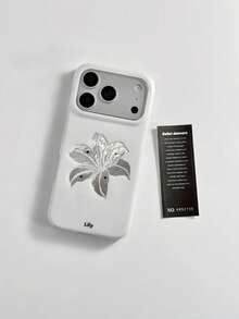 1PC Korean Style White Pleated Silver Lily Flower Full Edge Protective Phone Case Compatible With Iphone 17 Pro Max, 16, 16 Pro Max, 15, Anti-Drop Cute Niche Design For Women - Silver - View 5