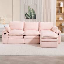 L Shaped Compressed Modular Sectional Sofa Modern Corduroy Upholstered Boneless Couches With Movable Footstool With Three Pillows And Two Lumbar Pillows Detachable Cloud Seat Cushions - Pink + Corduroy + 3 Seat1 - View 9