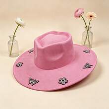 Elegant  Felt Hat With Sparkly Rhinestone Butterfly  Flower Details For Daily  Vacation Outfits - Pink - View 5