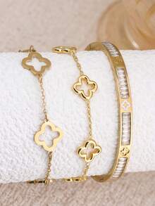 3pcs/1pc Fashion Commuter Style Stainless Steel Jewelry Set With Clover Design, Suitable For Women's Commuting Or Daily Wear, Also A Great Gift For Friends - Yellow Gold - View 8