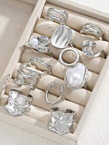 12pcs Vintage Elegant Women's Silver Ring Set, Faux Asymmetrical Asymmetric Flower Design Wide Band Rings, Suitable For Daily Commute, Vacation And Date - Silver - View 2