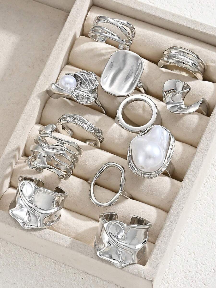12pcs Vintage Elegant Women's Silver Ring Set, Faux Asymmetrical Asymmetric Flower Design Wide Band Rings, Suitable For Daily Commute, Vacation And Date