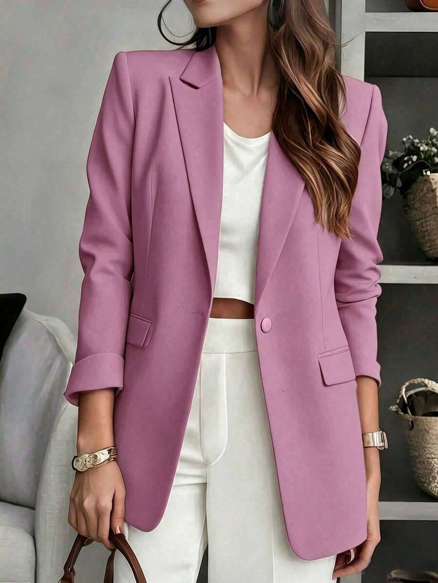 Jaket Blazer Wanita Warna Polos dengan Kerah Berlekuk dan Saku, Jaket Kantor Lengan Panjang Kancing Depan, Pakaian Luar Kasual Bisnis, Cocok untuk Kerja, Rumah, Musim Semi, Musim Gugur, Musim Dingin, Semua Musim - Rusty Rose - View 1