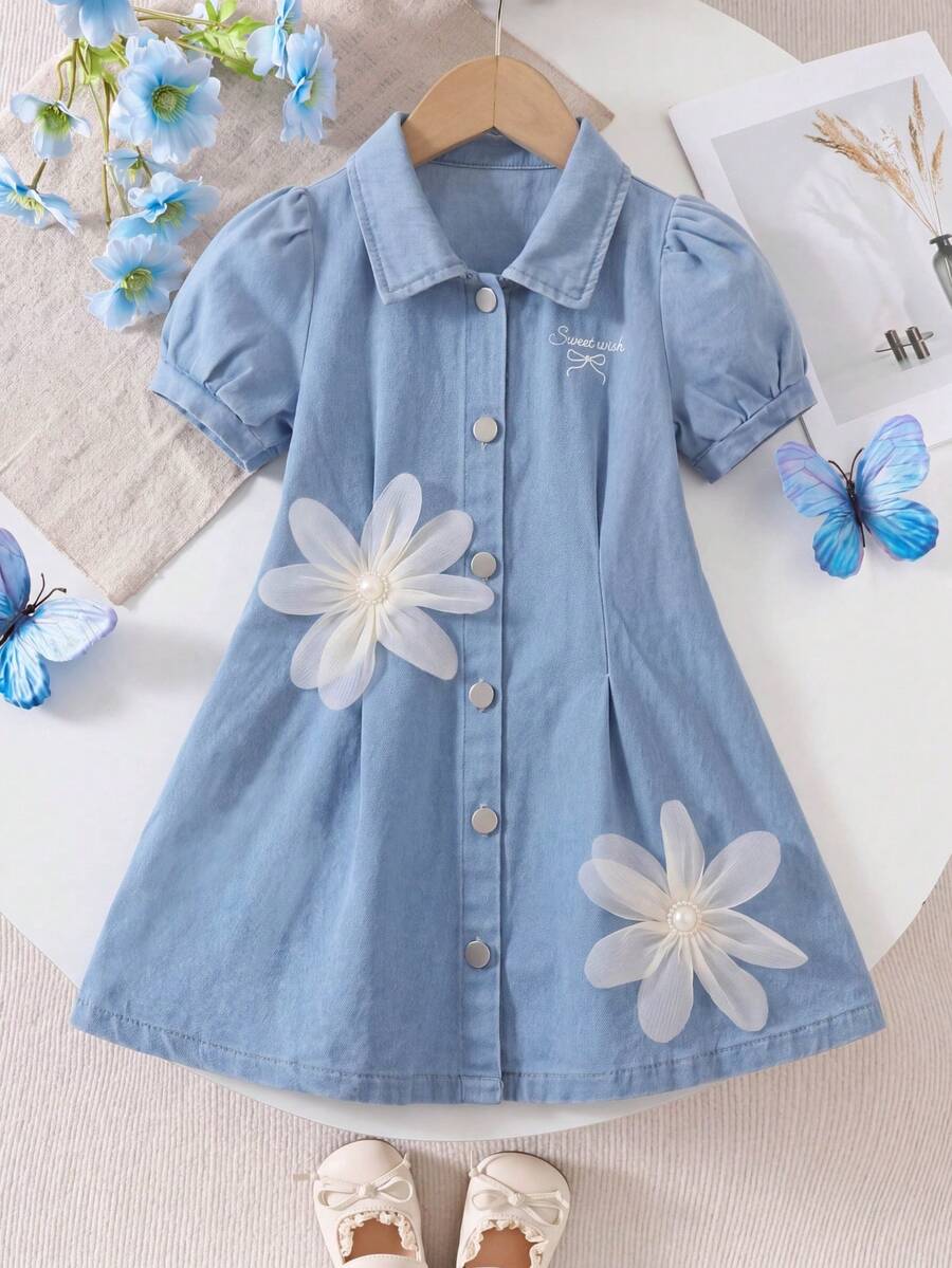 1pc Girls Mori Style Sweet 3D Floral Decor Turn-Up Collar Puff Sleeve Dress, Summer Fashion Outfit - Light Wash - View 1