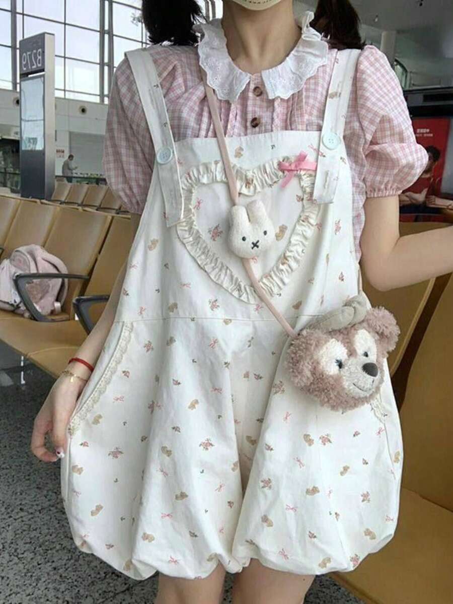 2026 Summer New Arrival: Cute Floral Print Jumpsuit And Checkered Blouse Set - Girly Style - [Single Item] Overalls Shorts - View 1
