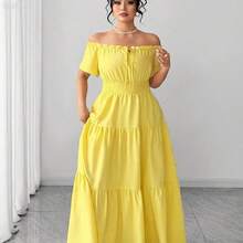 xuehuamaoyi02  Vestido corto de manga corta con hombros descubiertos y cintura elástica con empalme, elegante y de talla grande para primavera/verano - Amarillo - Ver 6