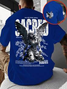 1 Camiseta de Poliéster para Hombre Estilo Y2K con Cuello Redondo y Estampado de Ángel Oscuro, Top Casual Holgado y Moderno, Estilo Urbano Europeo y Americano, Camiseta Base Versátil con Pat - Blanco - Ver 8