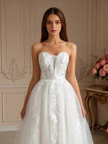 Gaun Pengantin Seksi Elegan dengan Potongan V Dalam dan Aplikasi untuk Pernikahan di Pantai, Pesta, Ulang Tahun, Hari Jadi, Pesta Wisuda untuk Pengantin Wanita - Krem - View 2