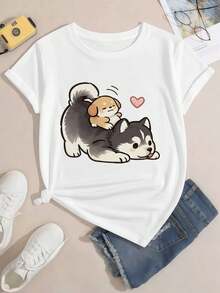 Soft Cotton T-Shirt With Adorable Dog Graphics, Hip-Hop Street Style, Comfortable, Durable, Graphic Design - 白色 - 查看 2