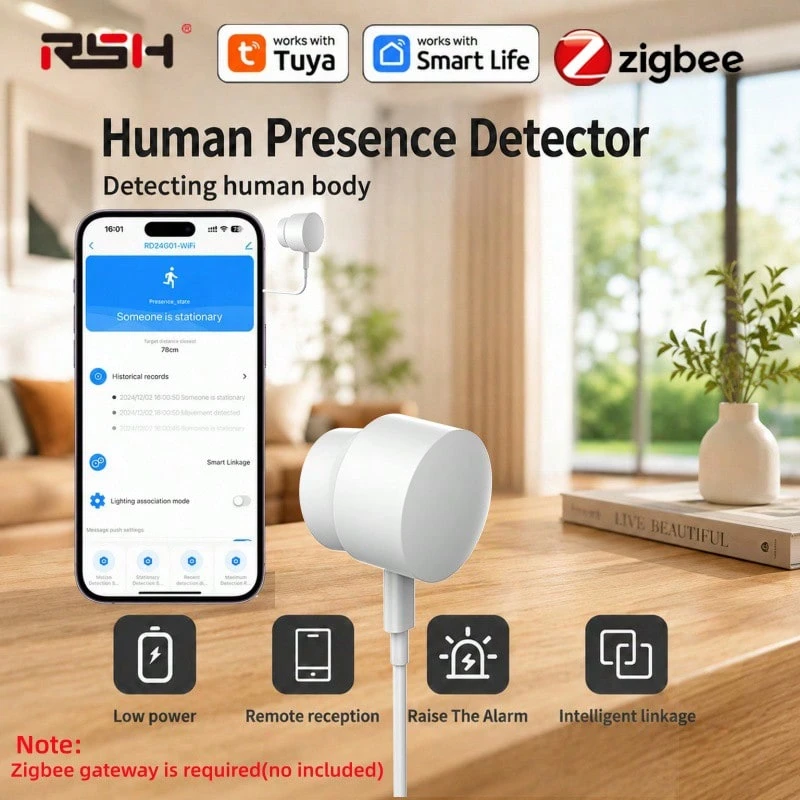 RSH WiFi/ZigBee 24G 人體存在偵測器 毫米波雷達運動感測器，人體存在感測偵測，室內安防警報系統，支援 Tuya Smart / Smart Life App 控制