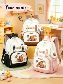 1pc Personalized Back To School Large Capacity Cute Cartoon Capybara Print Backpack With Mini Round Coin Purse, Adjustable Shoulder Straps, Nylon Material Zipper Closure Multiple Compartments Storage, Suitable For Daily, Outings, Travel, Commuting. Perfect Birthday, New Year Or Holiday Gift For Friends, Daughters Or Sons. Custom Exclusive Name, Anniversary. - Multicolor - View 4