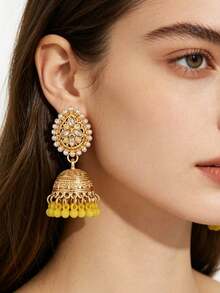 1 Pair Pearl Teardrop Shaped Jingle Bell Earrings - Yellow - View 5