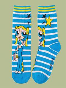 Noctvar OBM Sleepwear X Powerpuff Girls Cartoon Pattern Striped Contrast Trim Crew Socks, Y2K Street Style Blue Striped Star Pattern Mid-Calf Socks - Multicolor - View 6