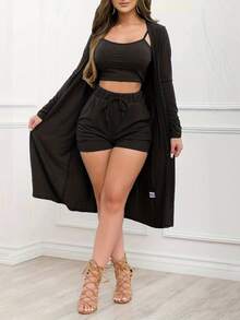 Traje de tres piezas sólido con doble uso y detalles perforados - Negro - Ver 3