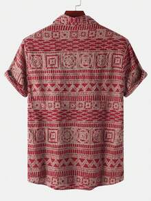 Men's Short Sleeve Geometric Print Linen-Feel Casual Beach Vacation Shirt (Asymmetric Cut) - Red - View 3