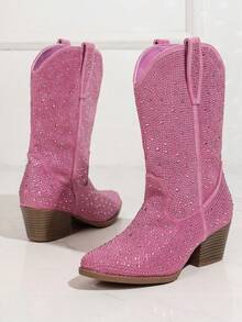Women's Pink Rhinestone Cowgirl Boots, Bling Mid-Calf Western Chunky Heel Shoes - Pink - View 6