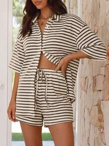 Bộ đồ thể thao dệt kim sọc phong cách thường ngày, áo sơ mi cài nút cổ bẻ, quần short rộng cạp chun, phù hợp cho hoạt động ngoài trời, ở nhà, du lịch, công sở, đi biển vào mùa xuân & mùa hè - Cà phê - Xem 4