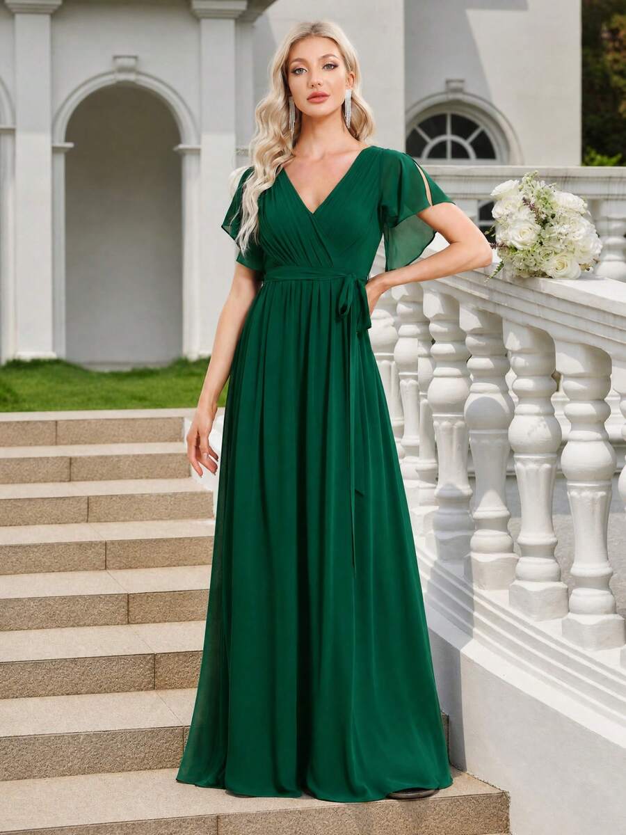 EVERPRETTY Elegant V-Neck Ruffle Flare Sleeve Chiffon Long Bridesmaid Dress, Deep Green, Formal Wedding Guest Gown