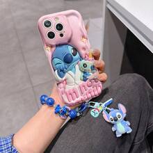 Disney Has Authorized, Phone Case - Chain Set, The Stitch Lilo & Stitch 3D Phone Case Plus A Silicone 3D Stitch Bracelet With Metallic Ring Removable Bracelet, Stitch And Angel Pattern, Compatible With Iphone17/16/15/14/13/12/11/XS/XR/X Plus Pro Max, A Stylish Cartoon Phone Case, The Perfect Gift Choice, Phone Protection, Durable Phone Cover, Great Gift For Friends And Family. - White - View 2