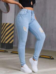 Women's Skinny Denim Jeans With Elastic Mid-Rise Knees, Butt Lifting Pants - azul claro - View 2