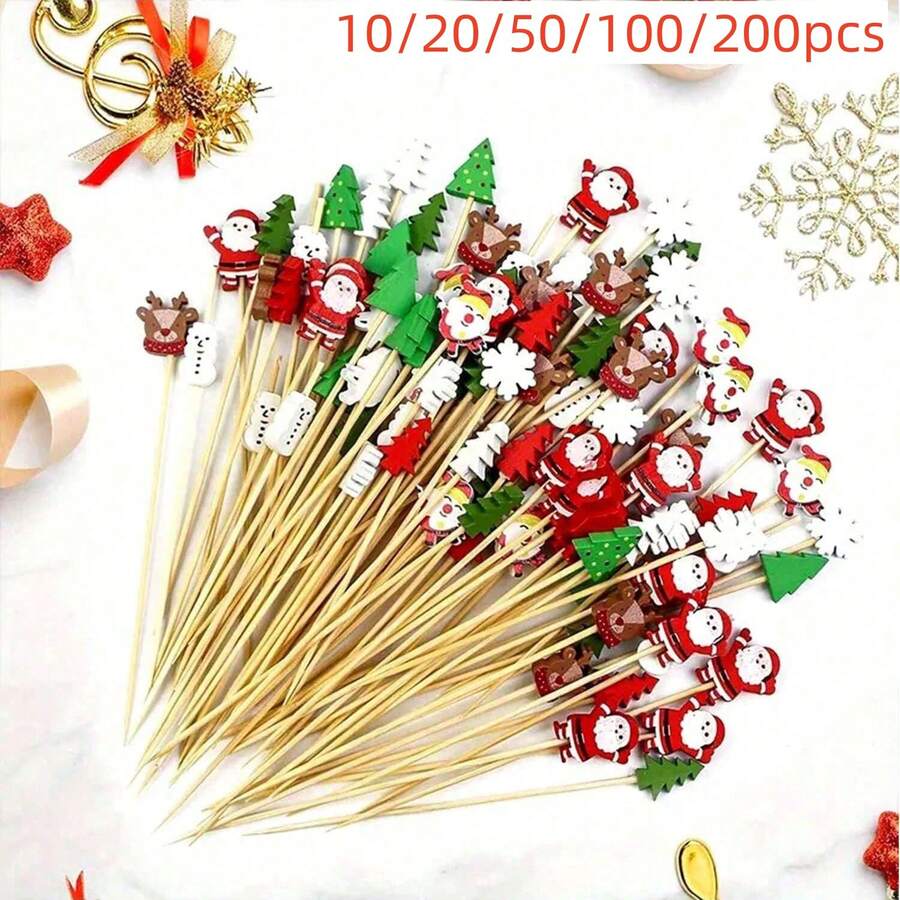 200/100/50/20/10件圣诞竹签套装，包含圣诞树、雪花、圣诞老人、牛头、驯鹿、雪人、饮料搅拌棒、水果签、零食签，适合生日派对、圣诞装饰、甜点、感恩节、新年礼物（颜色随机）