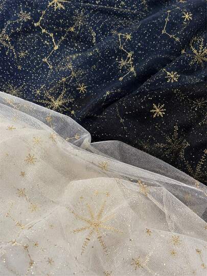 1件金色星辰星座刺繡透明薄紗布料，金色星光亮片印花透明網格布，輕盈透氣透明網狀紡織品，適用於婚紗面紗、晚禮服、芭蕾舞裙、頭飾及手工DIY縫紉手工藝項目